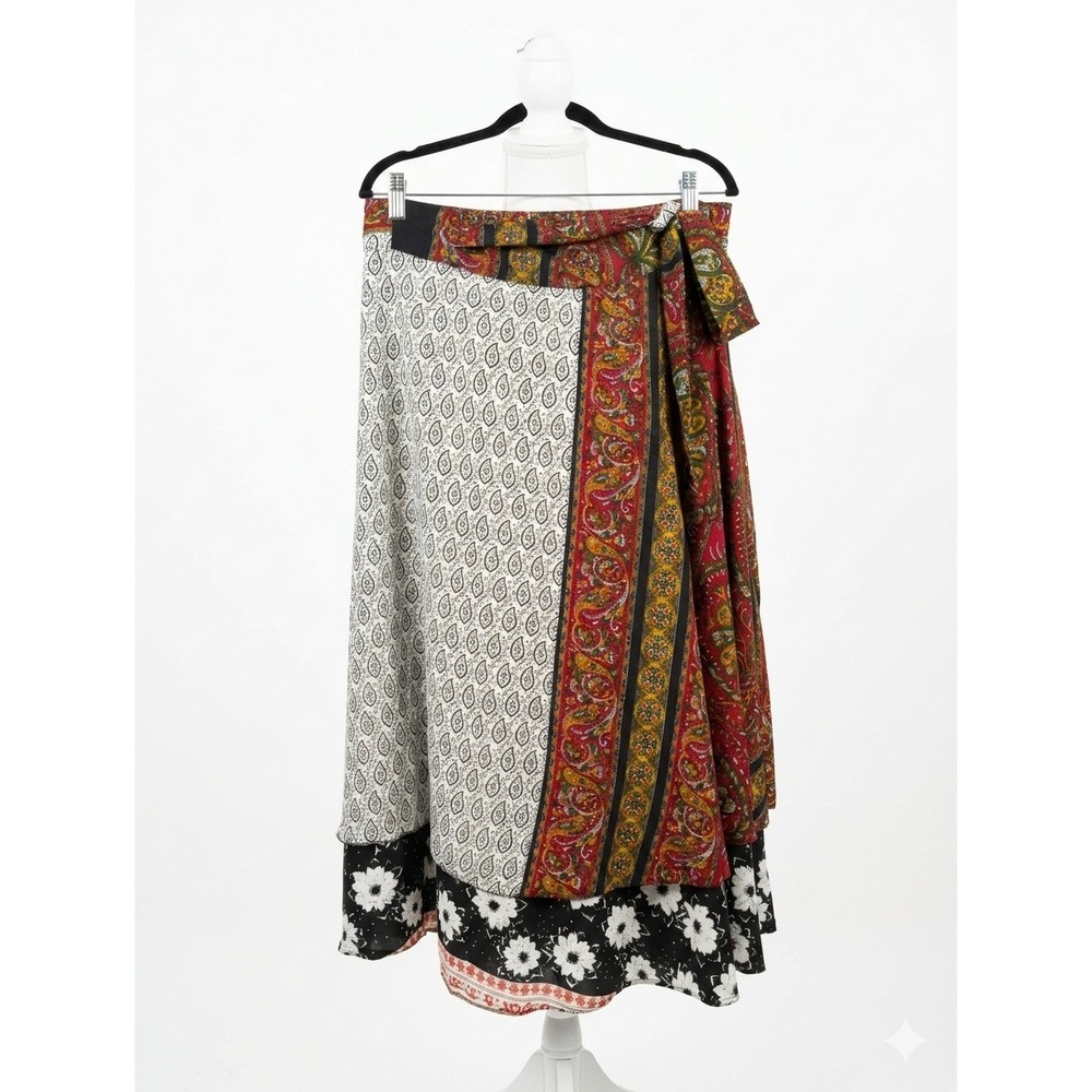 Jovani Designs Silk Blend Wrap Midi Skirt Mixed Print Floral Paisley Red Black M